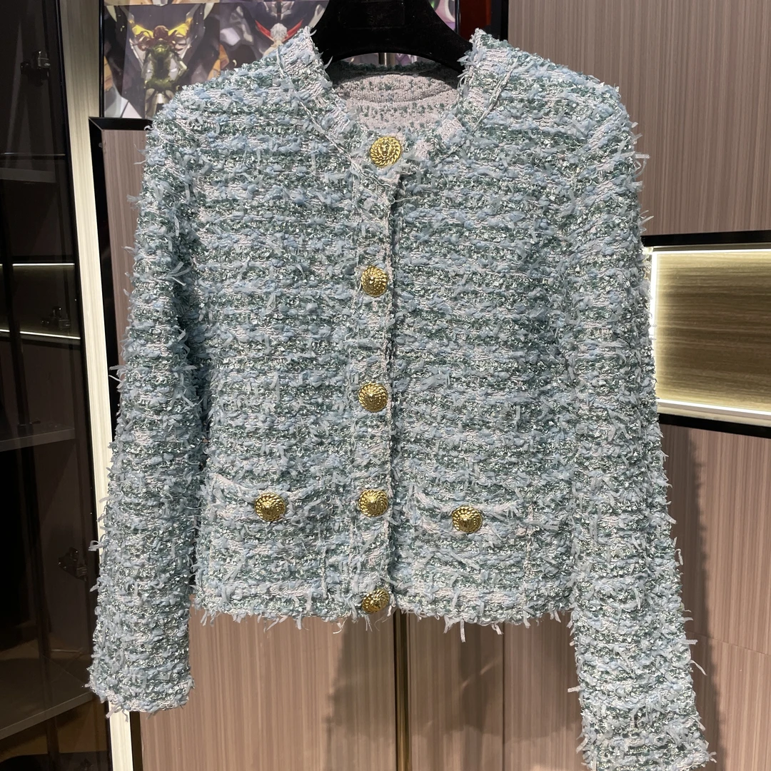 <猪猪出品>气质百搭高级修身蓝色开衫圆领设计感小香风外套417