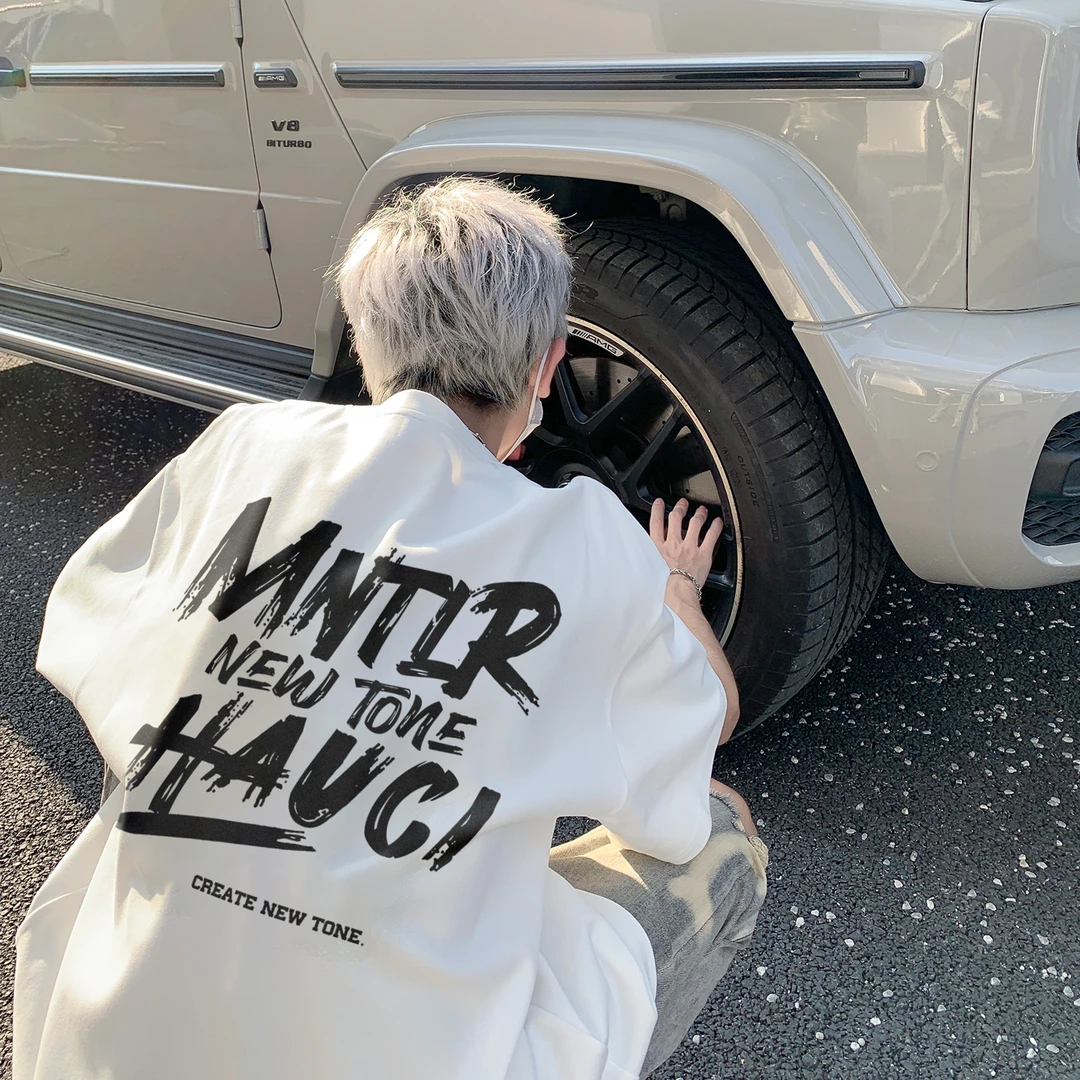 涂鸦字母短袖t恤男夏季潮流青少年圆领衣服潮牌宽松美式重磅半袖