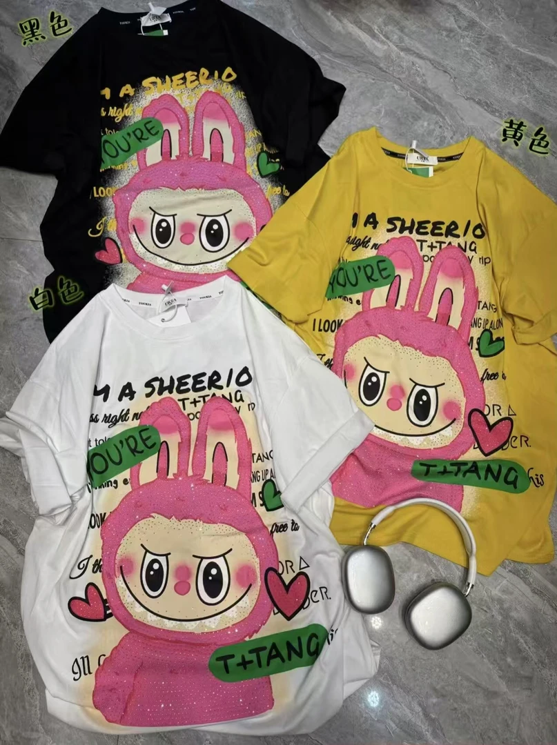 潮牌大版T恤女重工烫钻印花拉布布休闲短袖T恤