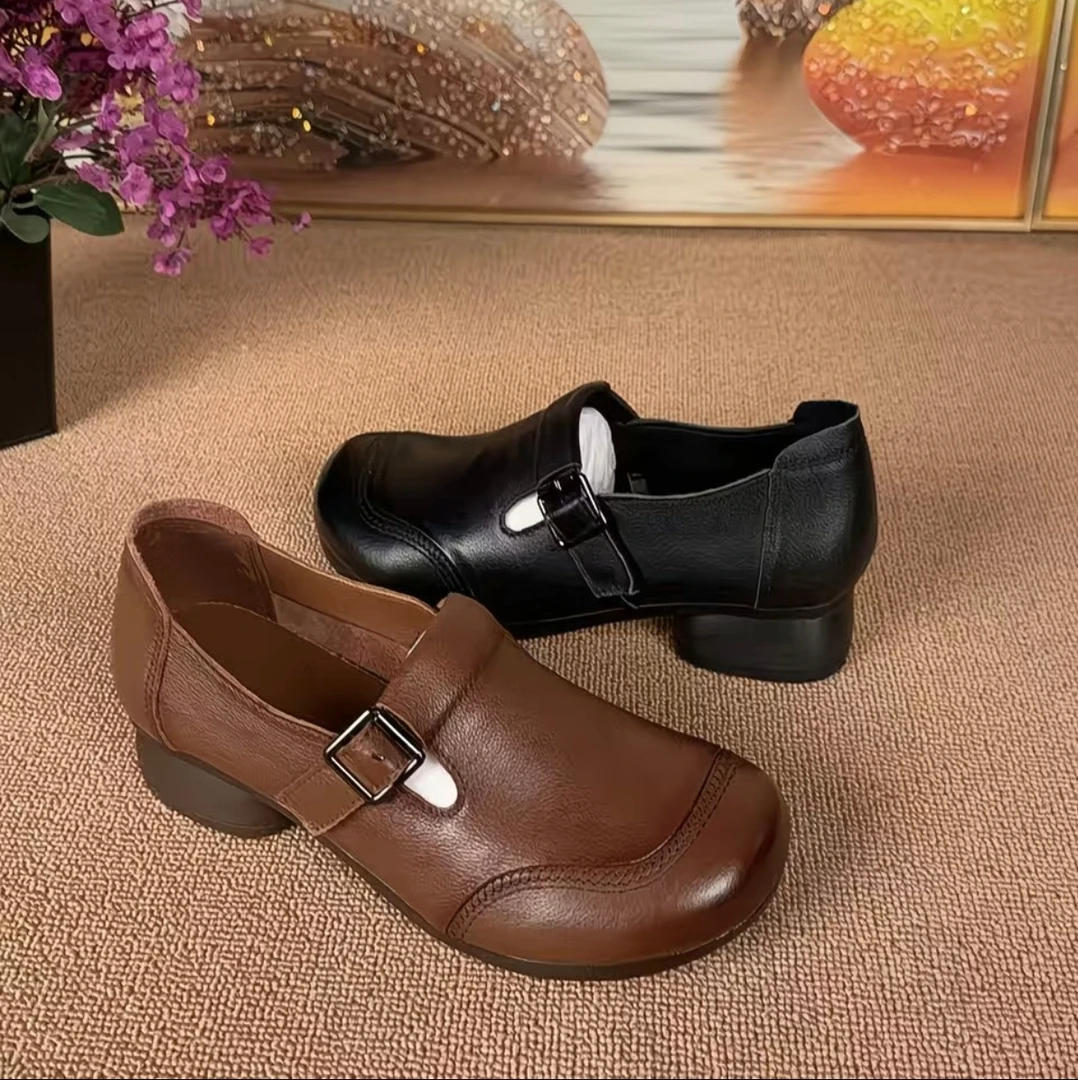 秋季时尚休闲女单鞋皮鞋软皮软底一脚蹬舒适中老年老北京布鞋女鞋