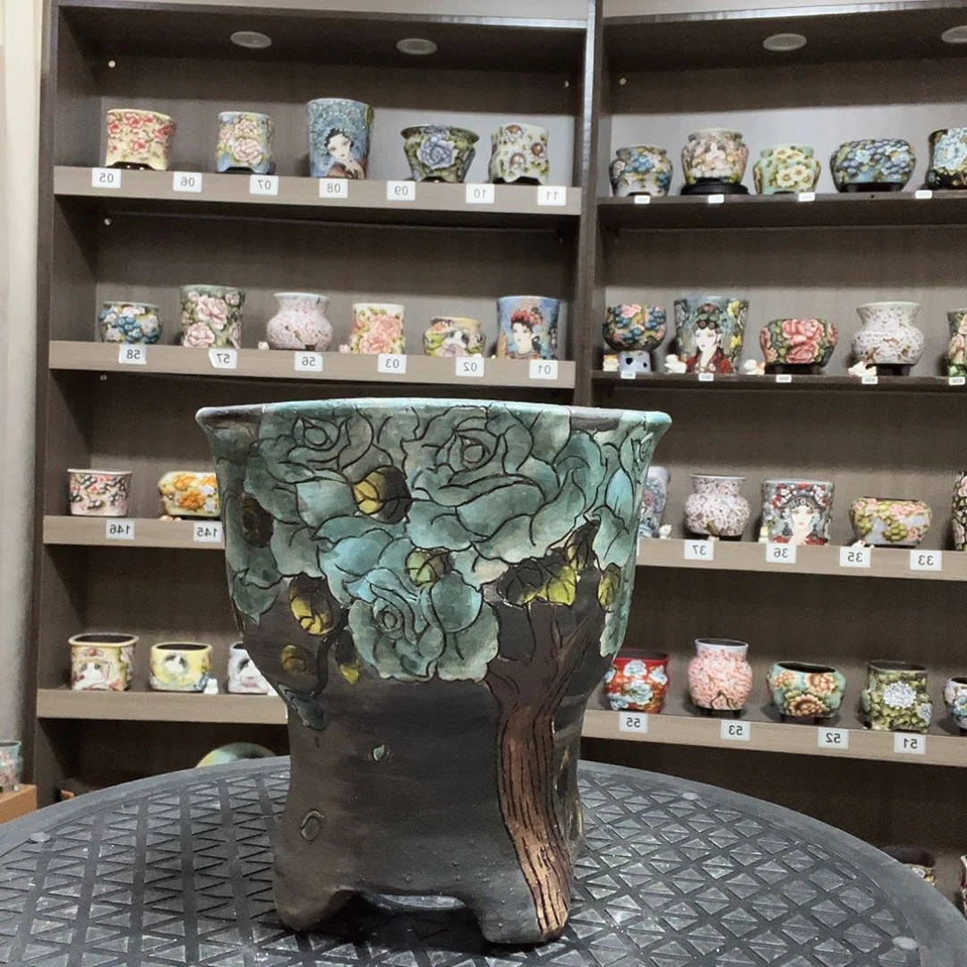 手绘陶瓷花盆口12高13.5