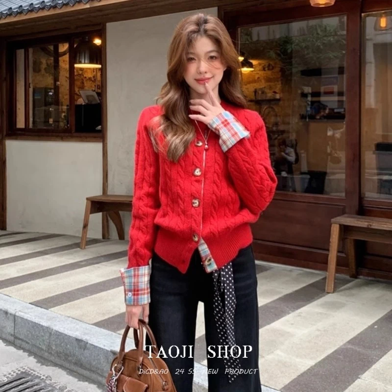 本命年新年过年战袍红色拼接毛衣开衫女秋冬季加厚慵懒风针织外套