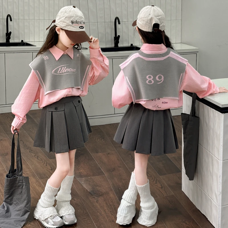 女童套装春秋款2025新款女大童百褶裙子儿童披肩长袖衬衣学院风潮