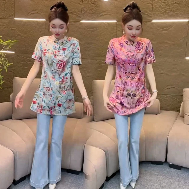 新中式碎花t恤女2025夏季设计感复古盘扣侧开叉中长款国风上衣潮