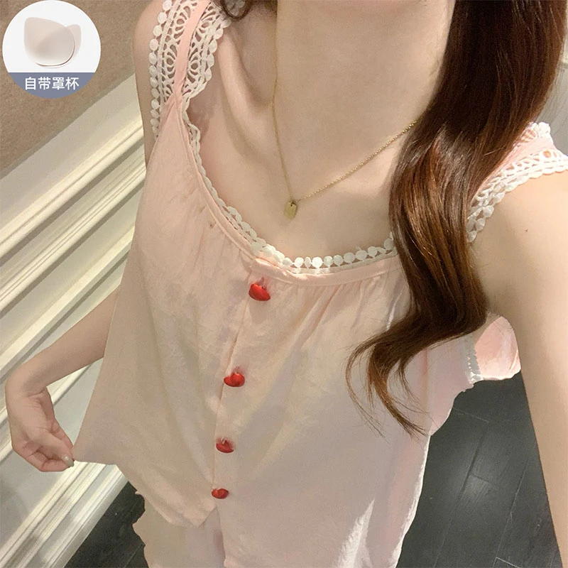 带胸垫无袖睡衣女夏季性感可爱甜美蕾丝边吊带短裤2025新款家居服