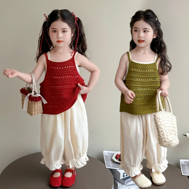 女童毛线吊带套装2025新款儿童夏装韩版洋气女宝宝夏季森系两件套