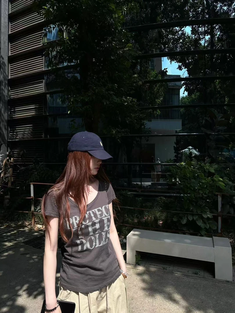 2025夏季新款垂坠褶皱露肩短袖T恤修身显瘦收腰百搭上衣休闲裤