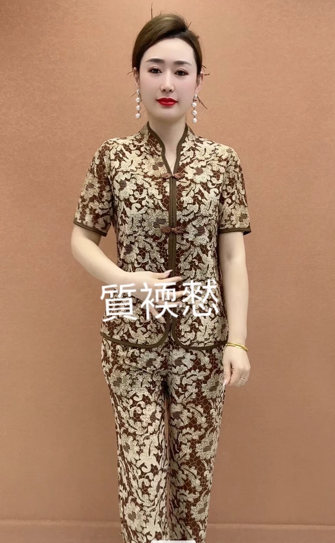 夏季新款盘口咖色套头时尚气质妈妈装套装