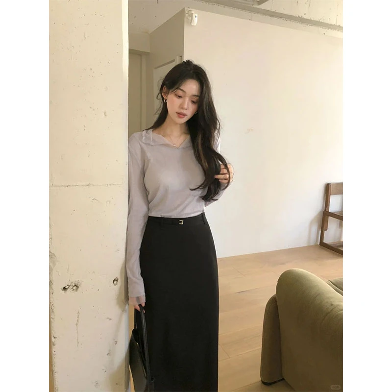 秋季新款修身显瘦网红穿搭针织薄款长袖上衣气质时尚收腰半身裙女