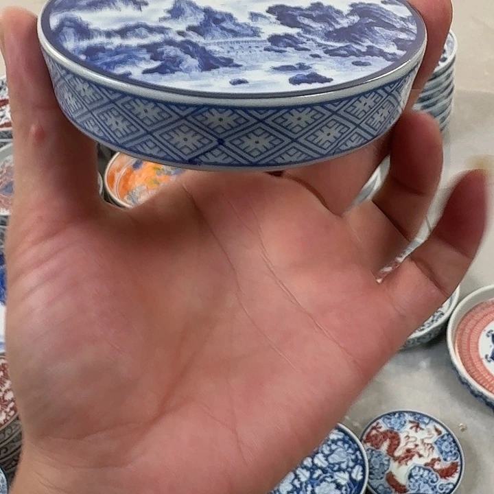 瓷片青花山水盖直