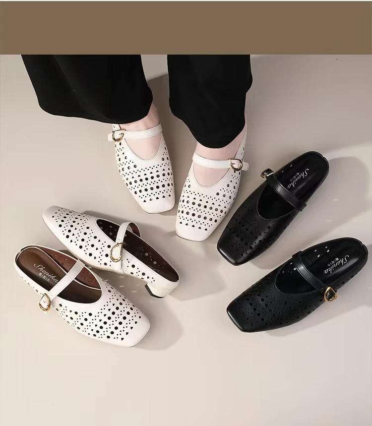 真软皮气质百搭包头拖平底极简风日常纯色镂空法式舒适洞洞凉鞋女