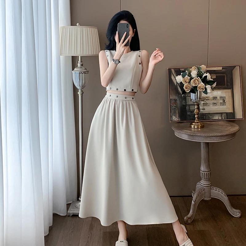 夏季法式时尚名媛气质女神范小香风套装女洋气无袖上衣长裙两件套