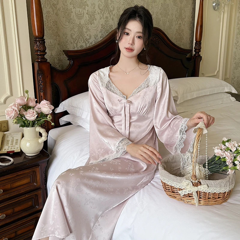 【佳梦睡裙】法式新款睡衣冰丝女士春季长袖甜美宫廷居裙性感