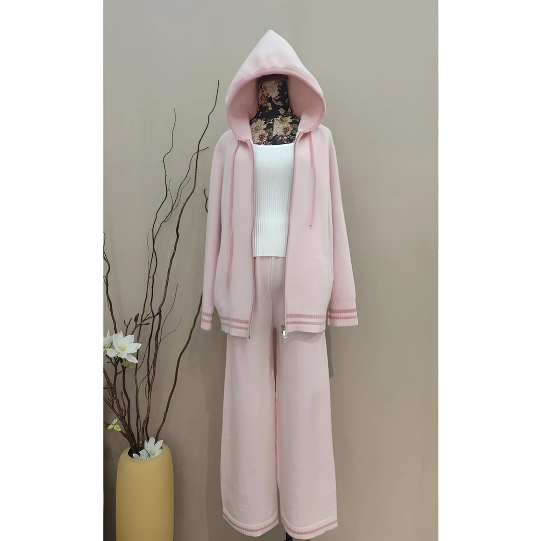 米雪严选一韩系独特慵懒风小个子长袖连帽撞色针织毛衣裤子两件套