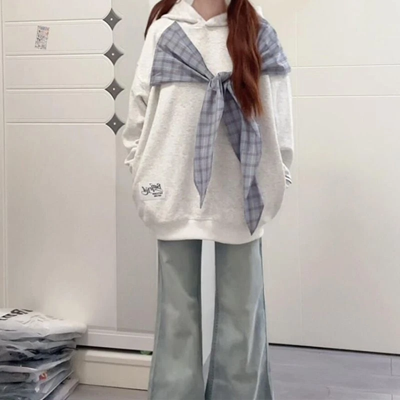 NASA ROAD休闲慵懒风蝴蝶结绑带连帽卫衣女春秋季情侣新款上衣服