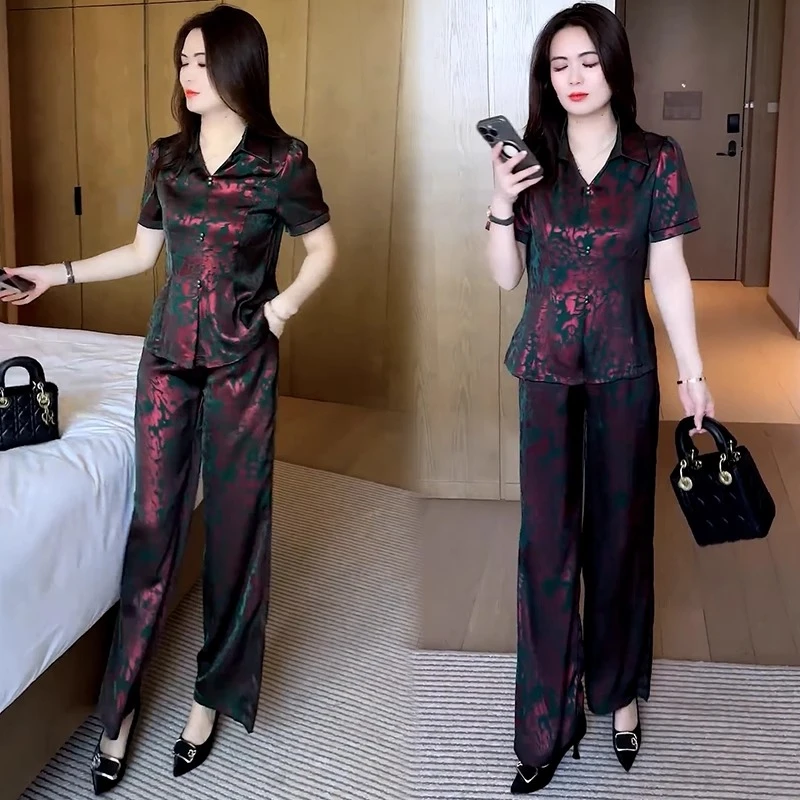 时尚套装女2025夏季新款一整套洋气收腰显瘦短袖上衣阔腿裤两件套