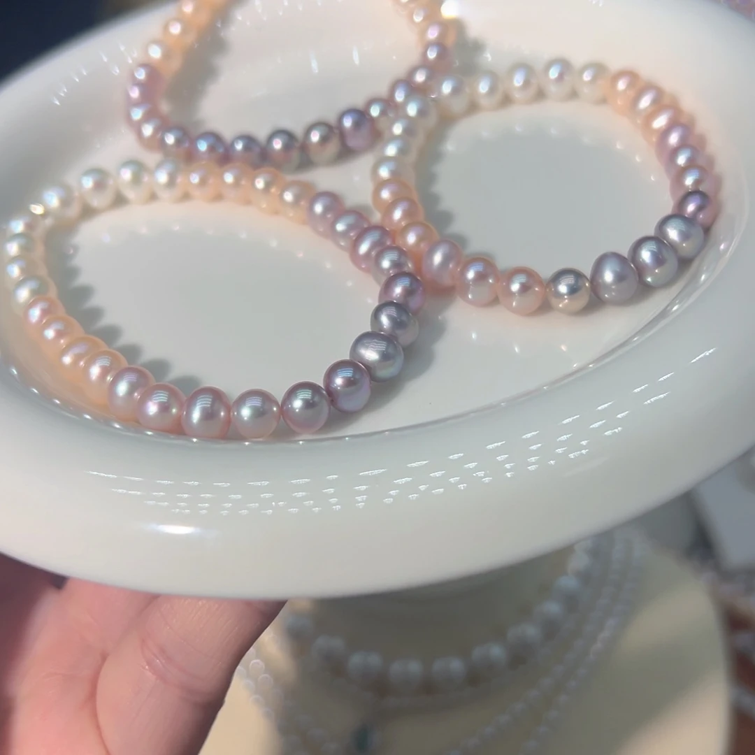 淡水珍珠6到7MM极光天然珍珠银S925镶嵌