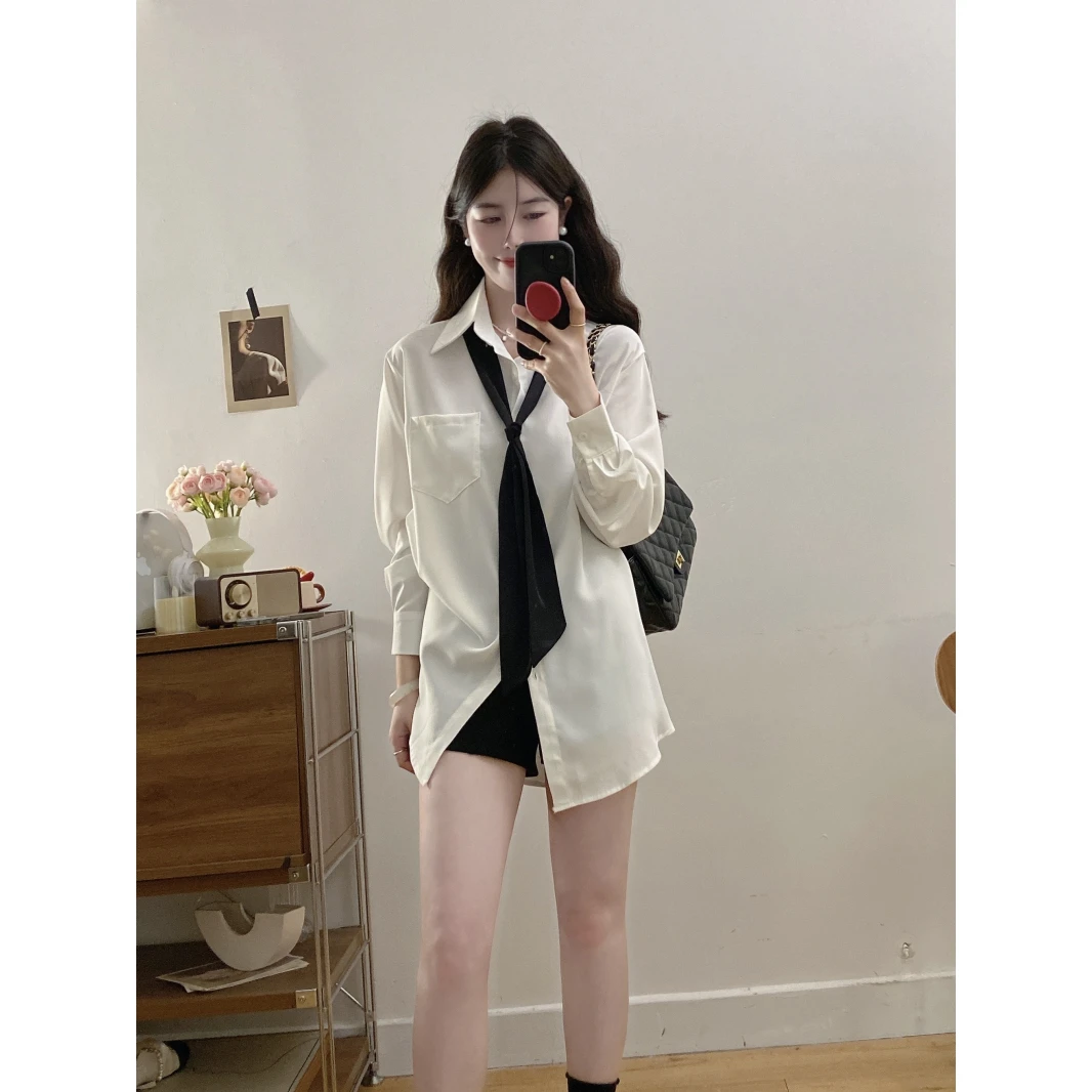 大码2025夏新款学院风领带宽松白衬衣女高级感别致中长款衬衫