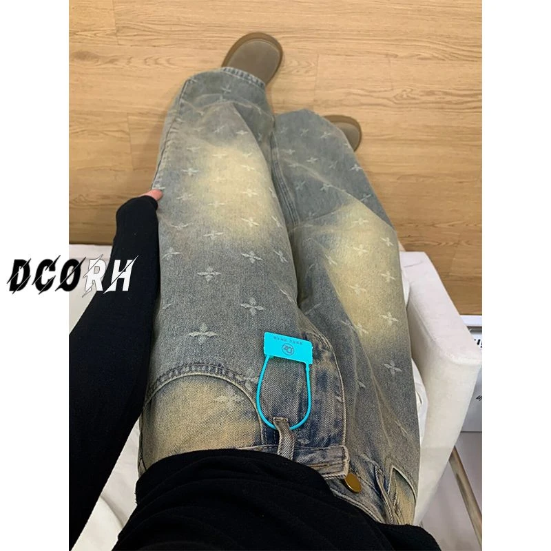 牛仔裤女早春新款港风复古做旧街头风潮牌十字星设计小众阔腿裤子