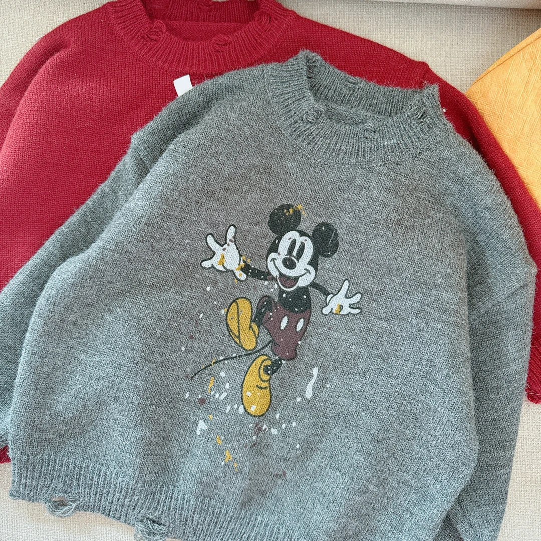 【JMJQ 20963】秋季韩版街潮破洞设计卡通印花套头毛衣