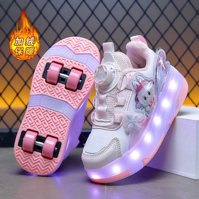 暴走鞋女童四轮可拆冬季库洛米儿童发光溜冰鞋大童加绒运动轮滑鞋