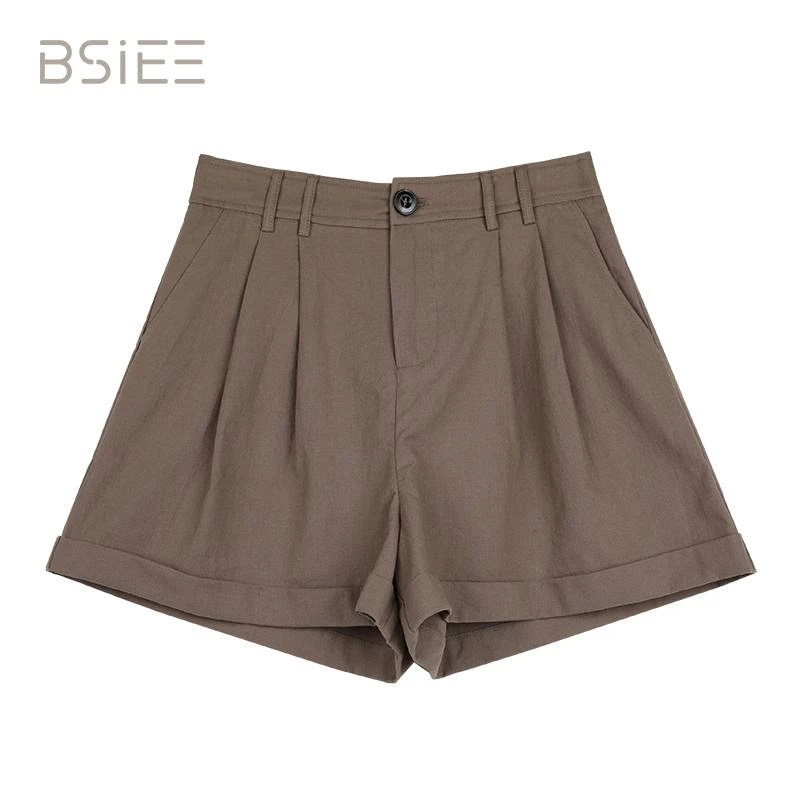 BSIEE/本涩显瘦百搭宽松翻边松紧腰短裤休闲简约百搭透气