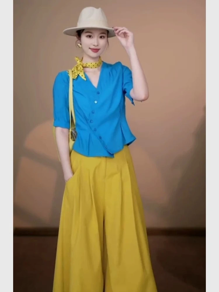 2025夏季多巴胺阔腿裤穿搭一整套女气质巨好看的蓝色短袖休闲套装