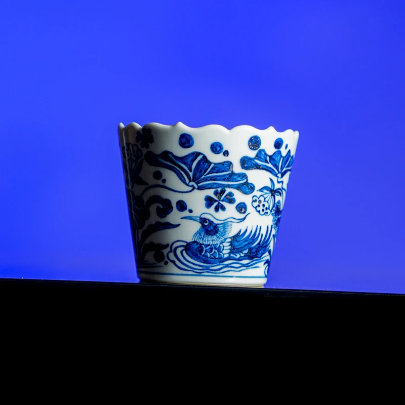古窑御器柴烧青花鸳鸯纹花口杯