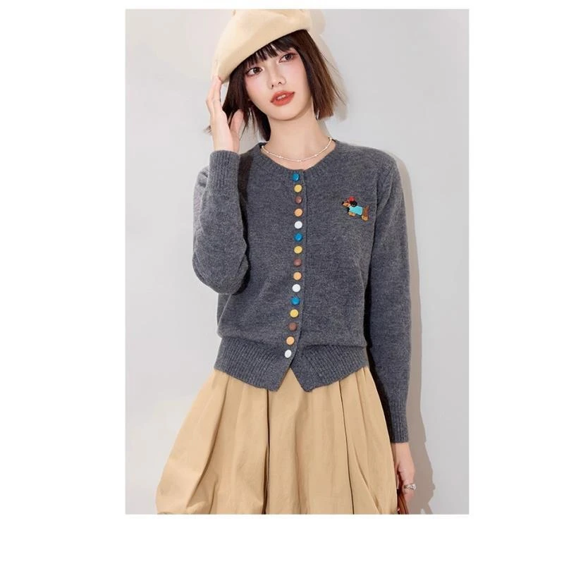 100%纯羊毛开衫2025年秋季动物图案彩虹纽扣长袖针织衫羊毛衫女