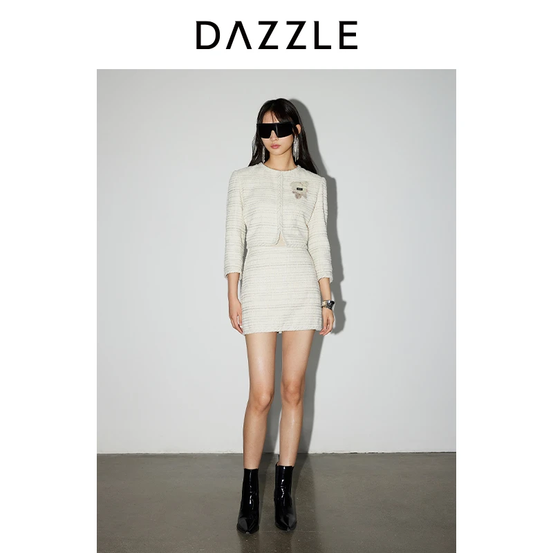 DAZZLE地素奥莱 短外套24新款女小香风粗花呢短款贴布夹克2I1F443