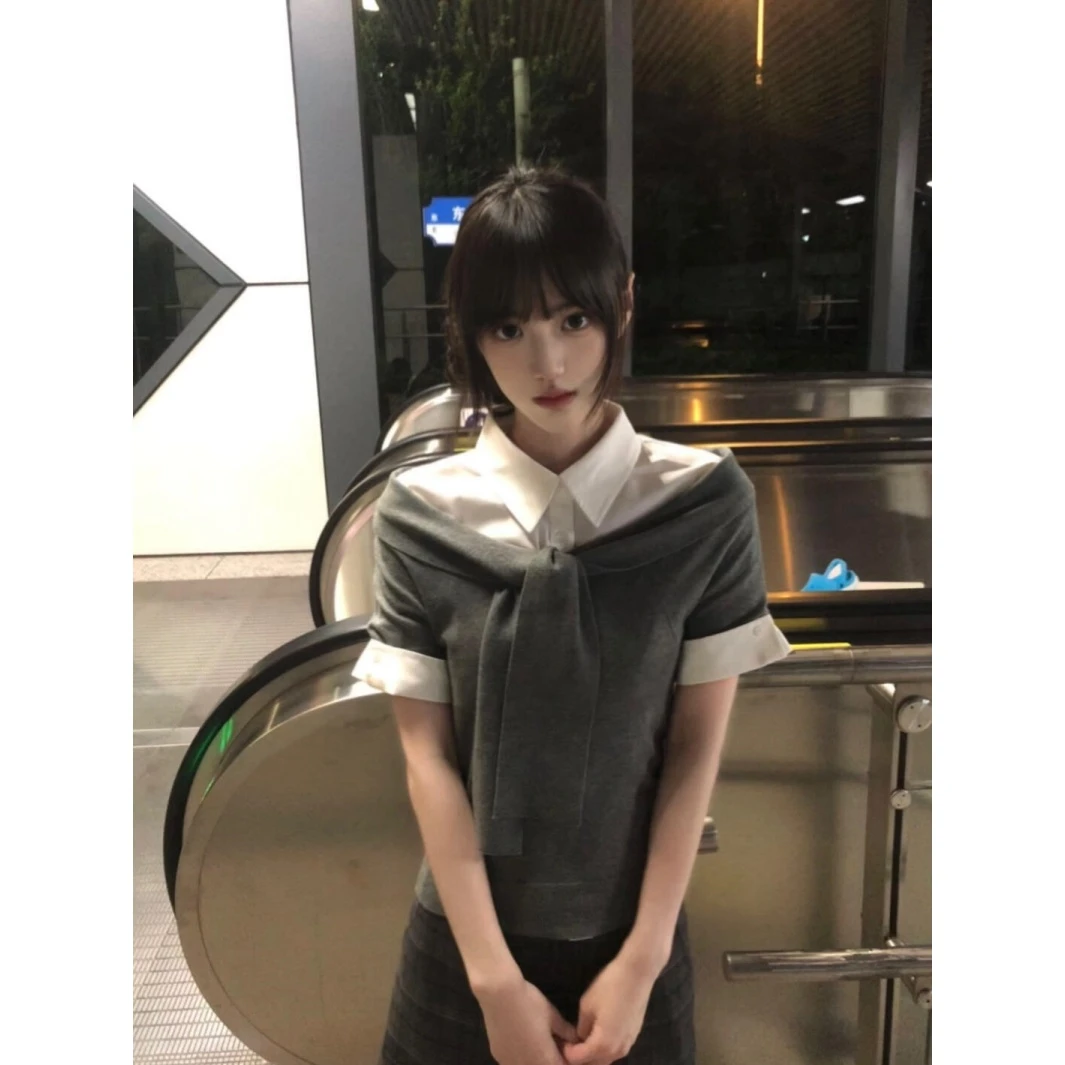 韩系学院风系带披肩一字肩针织衫叠穿上衣短裙灰色套装