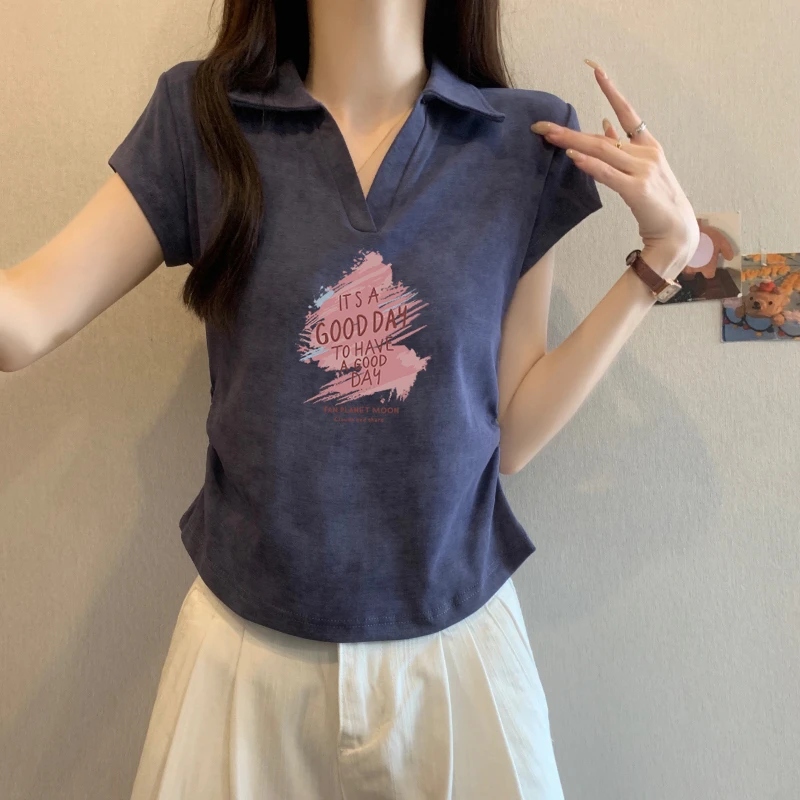 法式扎染复古短款polo领短袖t恤女夏季设计感显瘦甜辣妹翻领上衣
