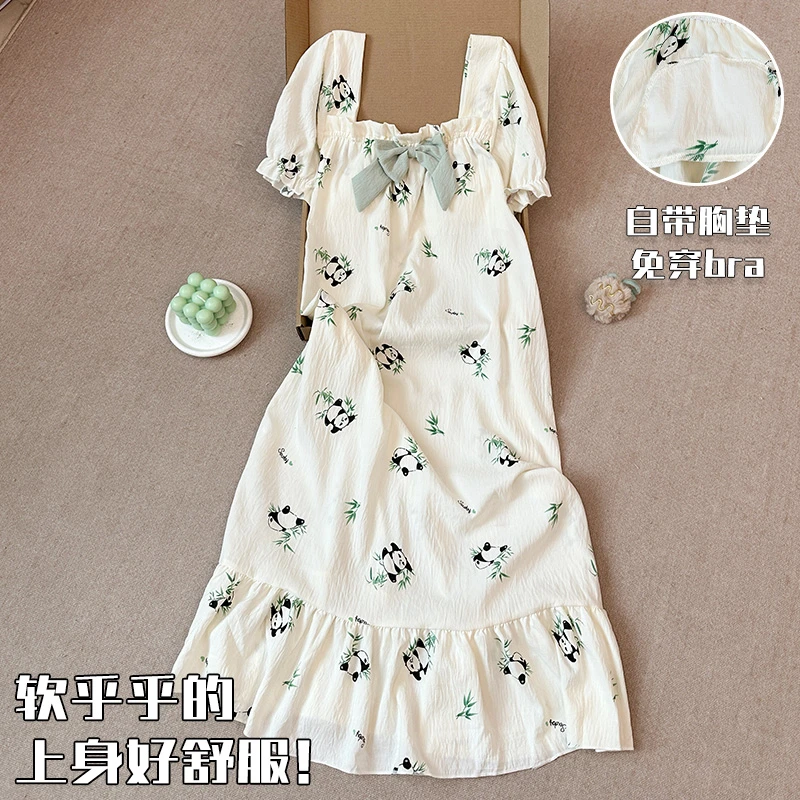 带胸垫睡裙女款夏季天云朵棉短袖新款可爱甜美风小熊猫睡衣家居服
