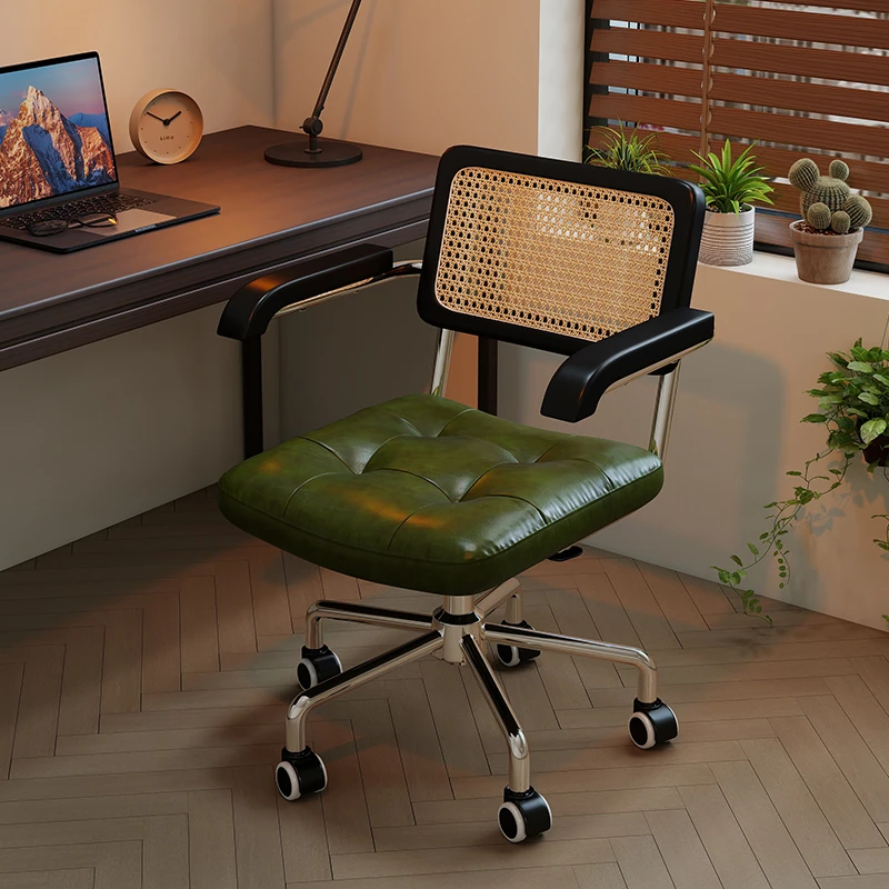 电脑椅家用藤编复古办公椅书房卧室学习书桌椅子靠背餐椅升降转椅