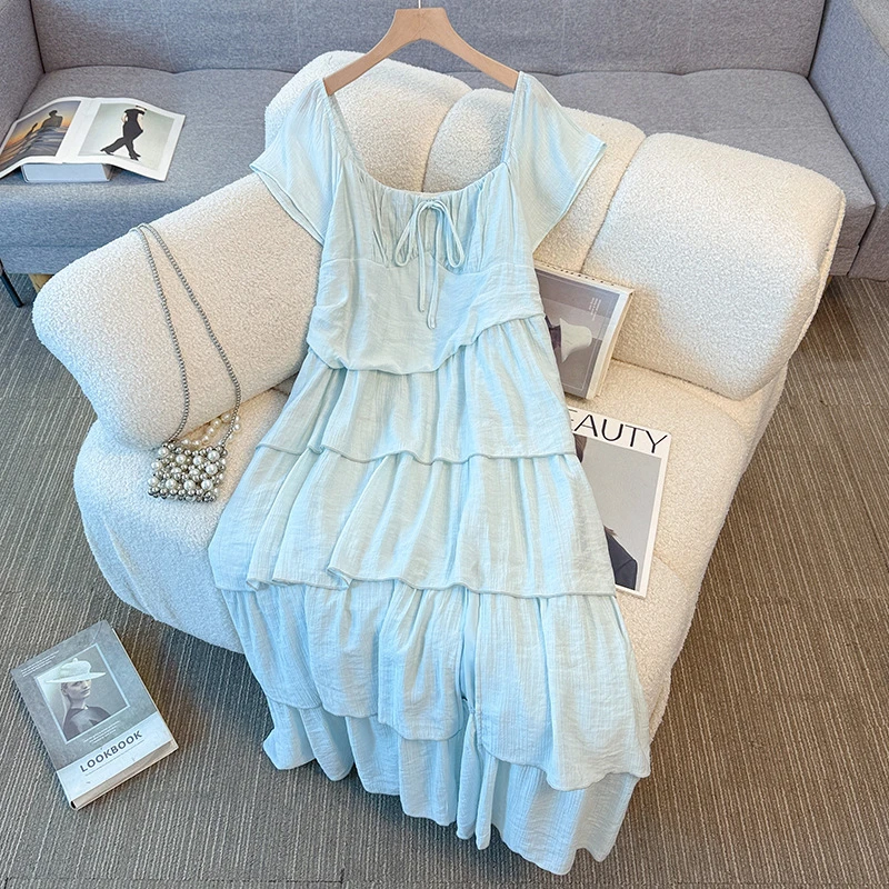 【66981】130-350斤大码女装胖mm温柔风蛋糕裙夏季新款设计感连衣裙