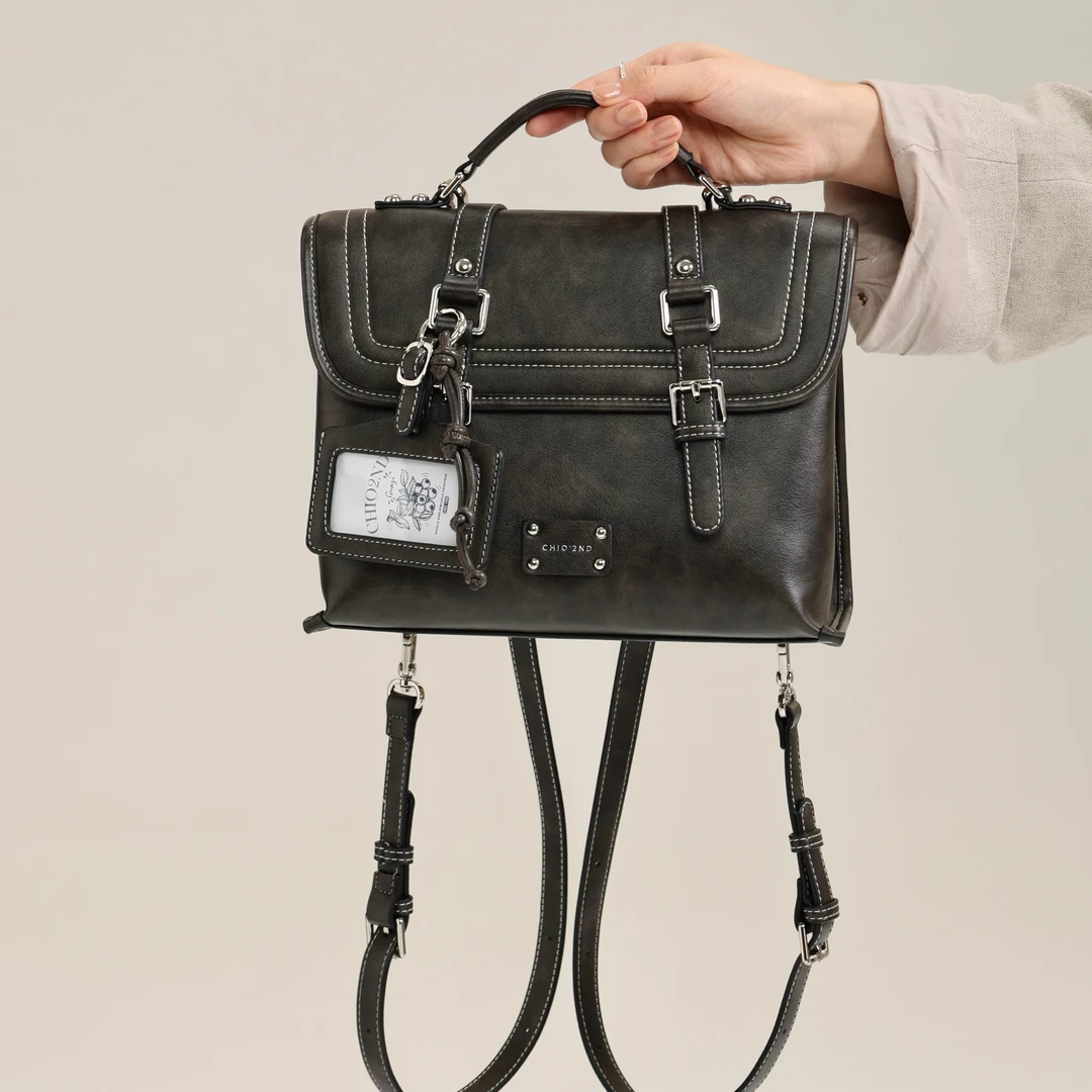 南风Chio2nd 双肩包包女复古潮流做旧黑皮包手提通勤背包