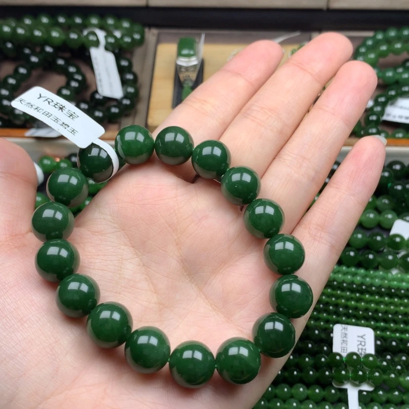 【闪购商品】未镶嵌手串和田玉（碧玉）12m辣菠菜绿