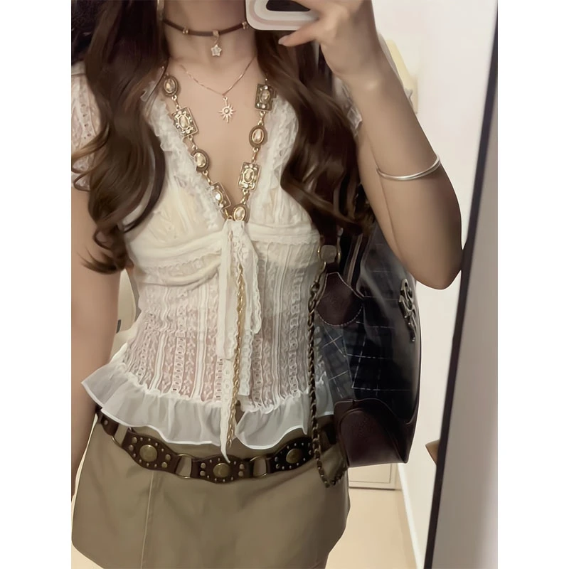 2025超火夏装一整套性感套装女蕾丝镂空v领衬衫高腰半身裙两件套