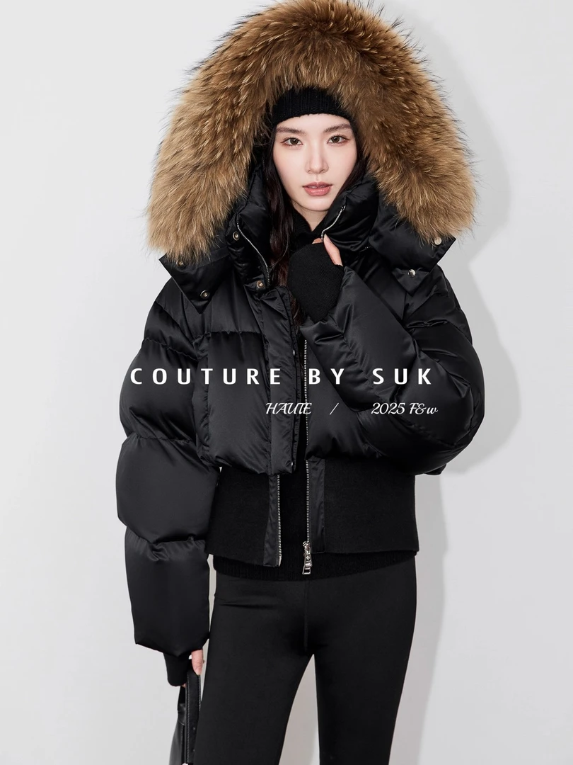 SUK 京都落雪短款秋冬设计感复古时尚毛领羽绒服外套女