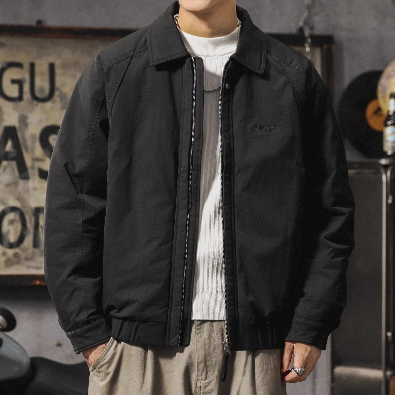 U&PURA黑色羽绒服男美式复古加厚保暖翻领夹克男士短款羽绒外套