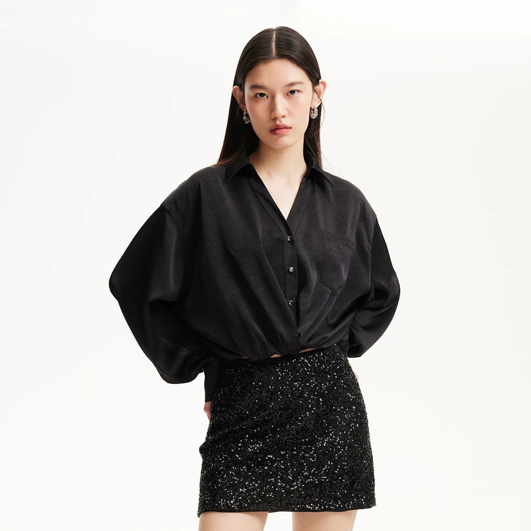 Vero Moda欧若风衬衫2025下摆松紧钻扣设计肌理感面料325105053