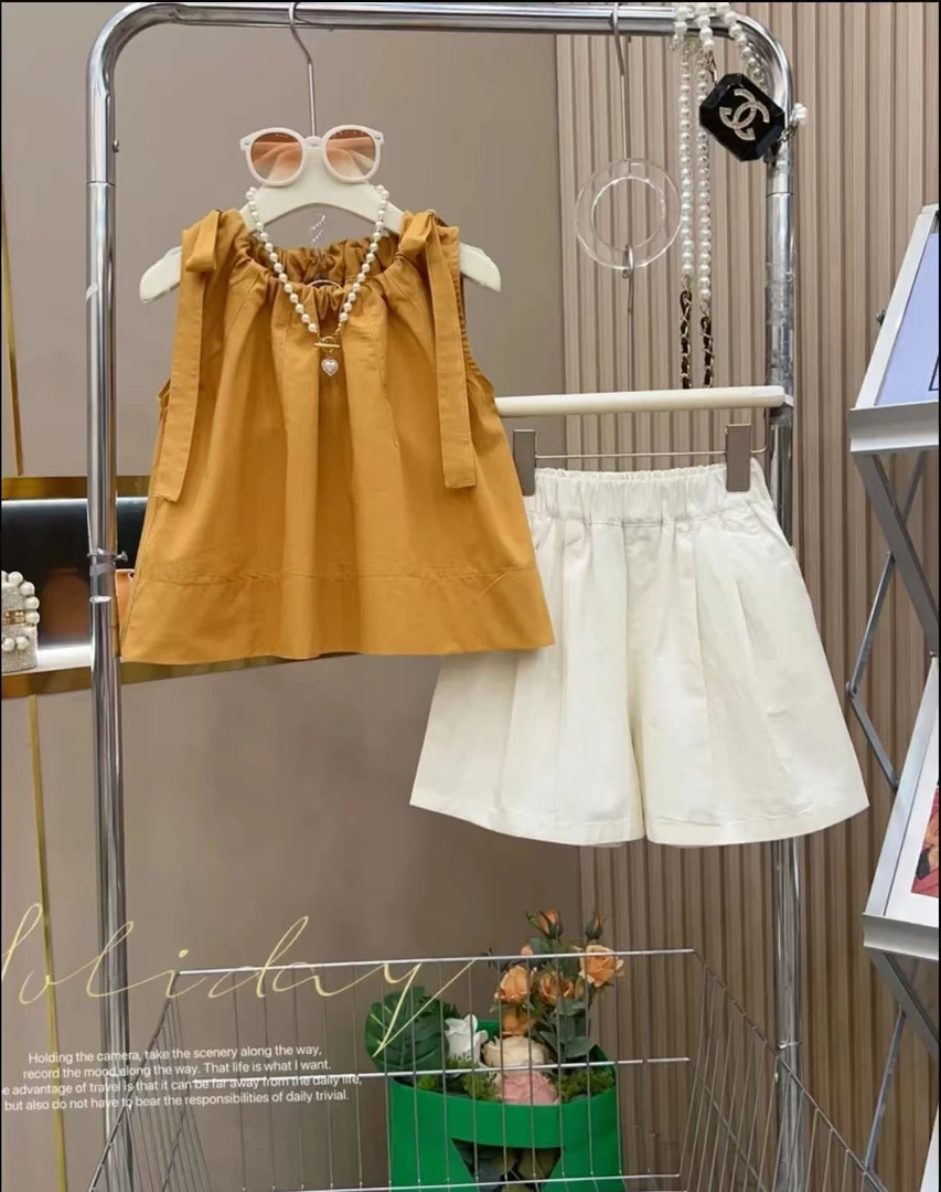 【现货】女童夏季短裤洋气纯色韩版百搭纯棉吊带背心休闲甜辣套装