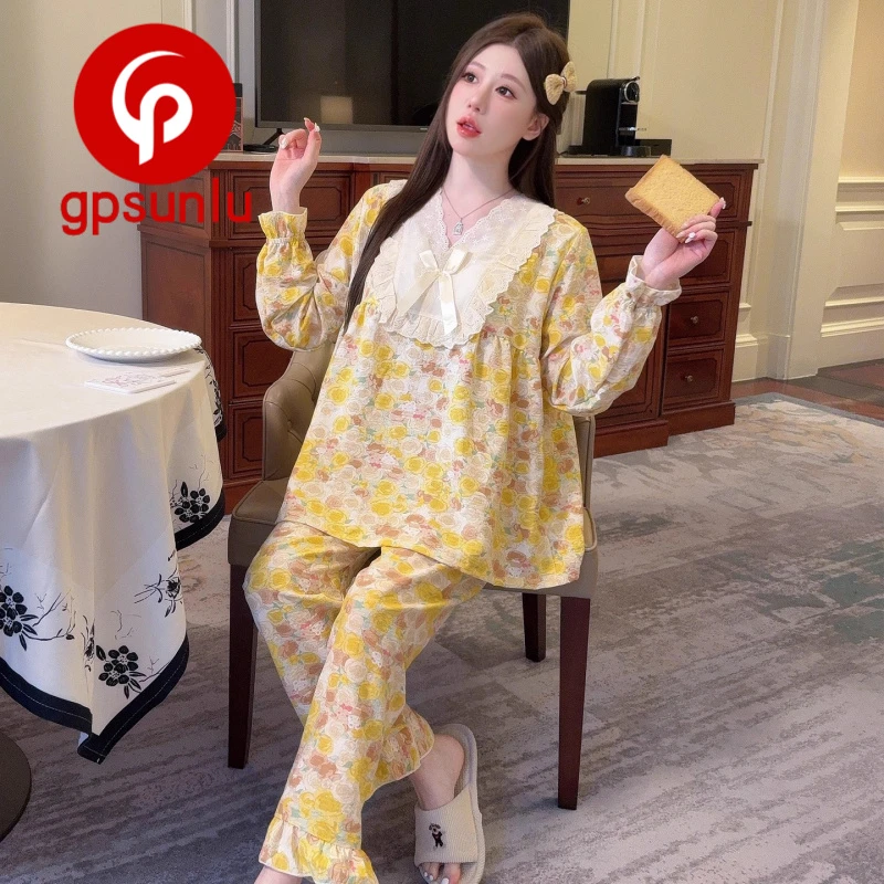 gpsunlu「大码睡衣」带胸垫胖MM碎花宽松睡衣女春秋新款家居服套装