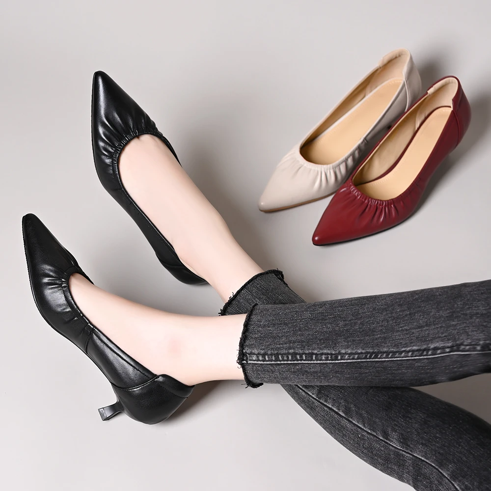 细跟单鞋女软皮褶皱通勤工作鞋2025新款春秋中跟浅口尖头单鞋