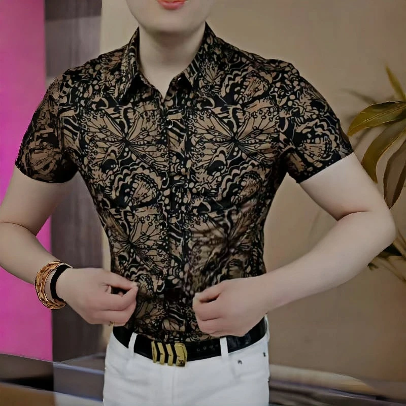 男士男款夏季衬衫休闲高品质半袖潮流翻领短袖修身高档痞帅潮流