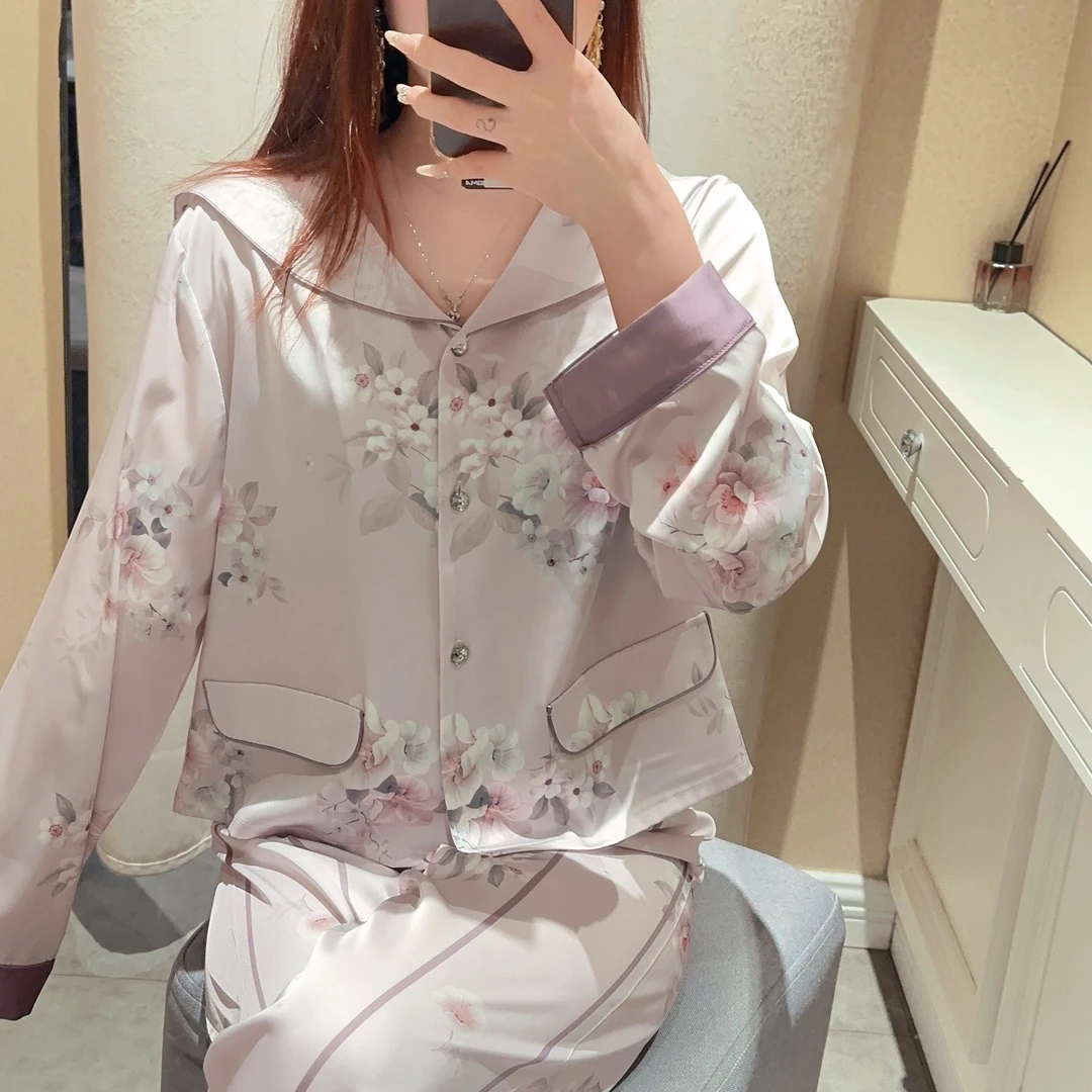 春夏新款大翻领花朵印花牛奶丝睡衣优雅气质透气长袖长裤套装1819