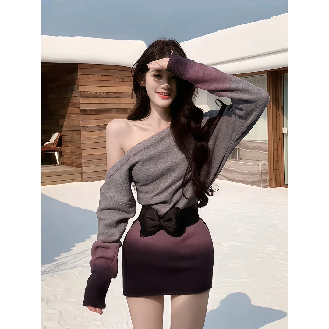 纯欲斜肩渐变色针织连衣裙女秋季新款高腰显瘦气质性感包臀短裙子
