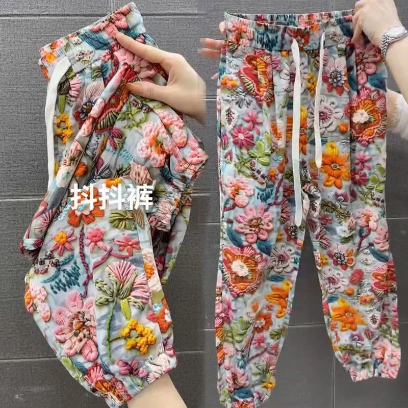 2025夏季新款冰丝女裤薄款显瘦束脚休闲九分裤小个子抖抖裤花裤子