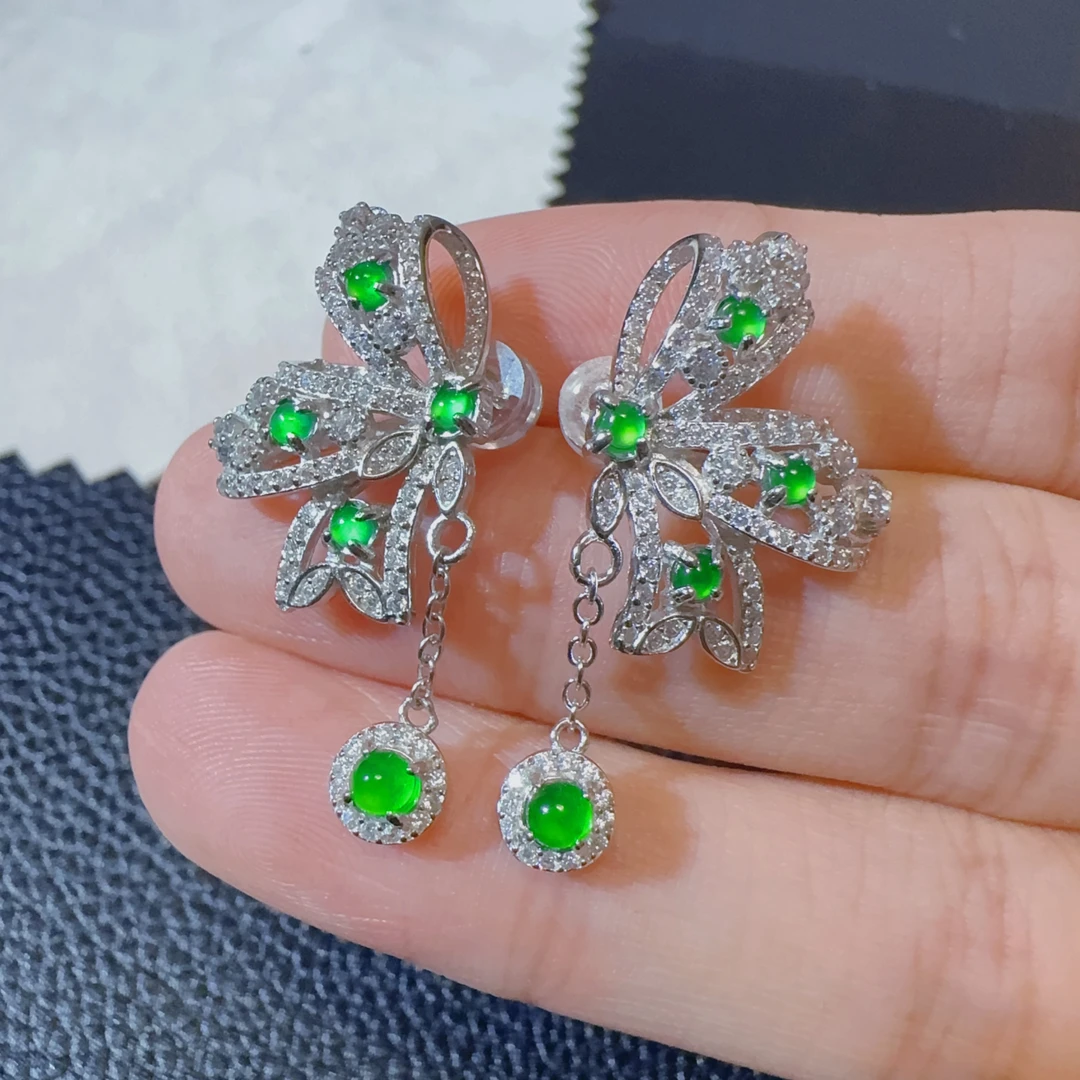 天然a货翡翠满绿阳绿蝴蝶耳坠耳钉耳饰珠宝绿耳环气质精致0280