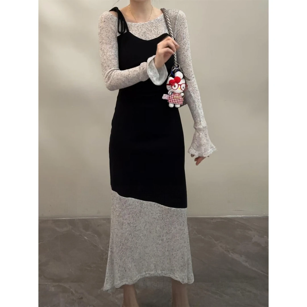 法式秋季新款拼色不规则假两件喇叭袖针织中长连衣裙8013#